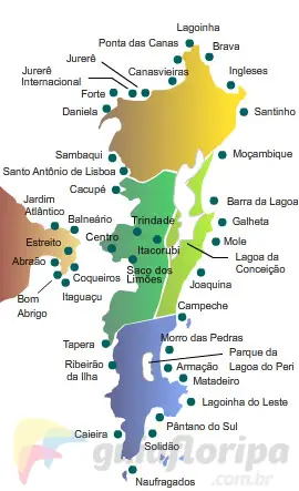 フロリアノポリスの地域とビーチの地図